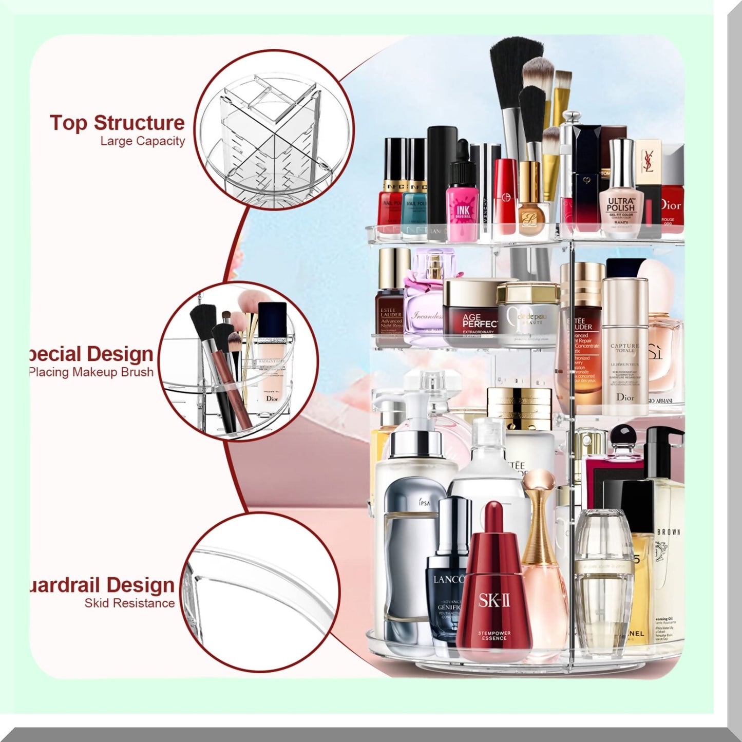 360 Rotating Makeup Organizer with Adjustable Layers
