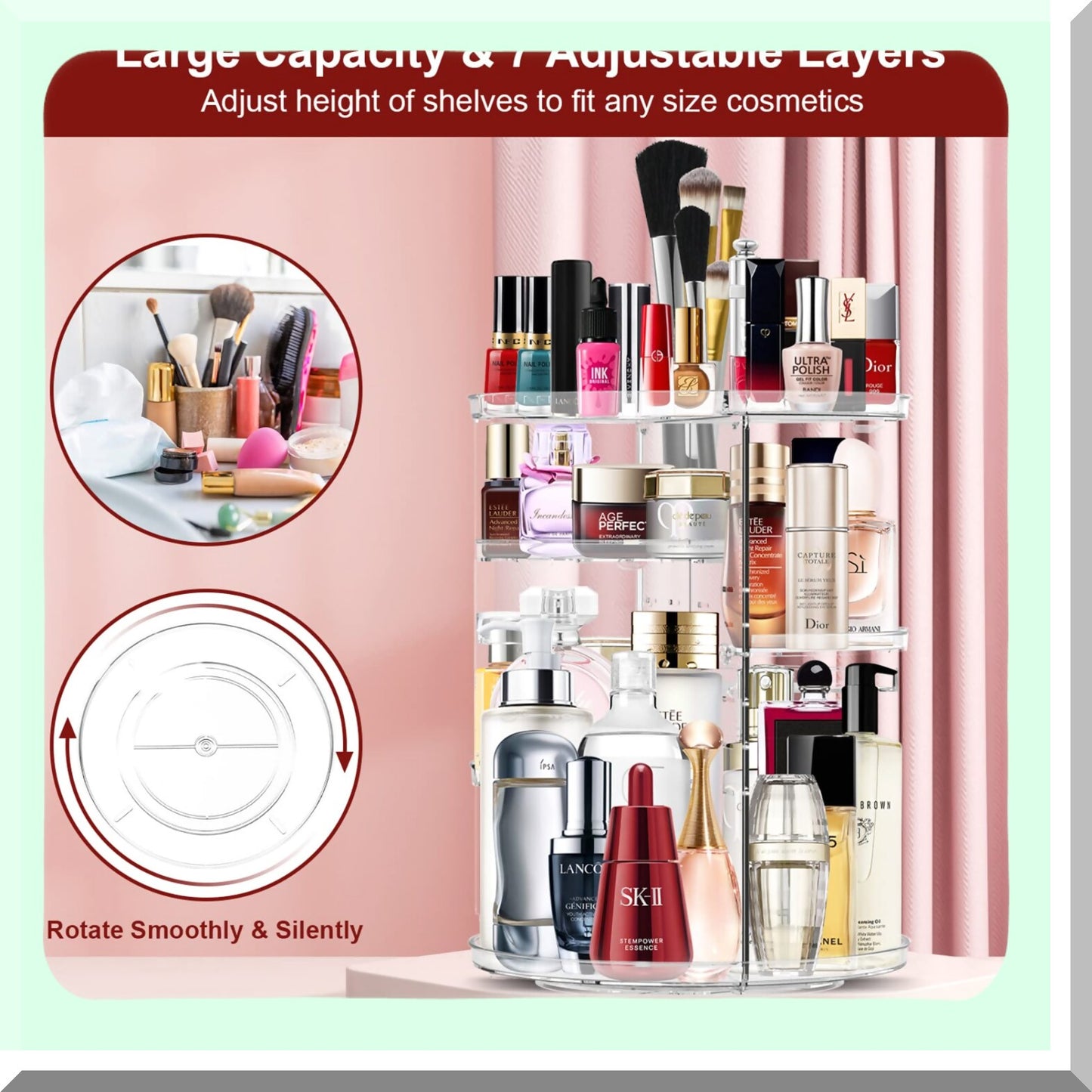 360 Rotating Makeup Organizer with Adjustable Layers