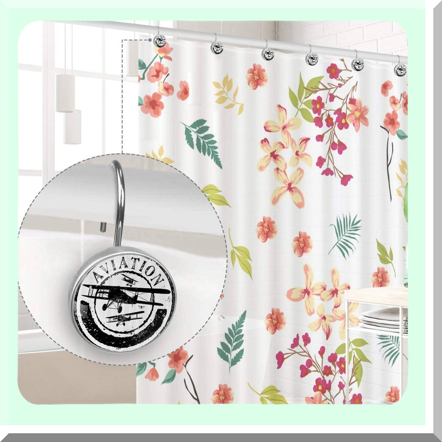 Grunge Style Airplane Word Shower Curtain Hooks Set of 12