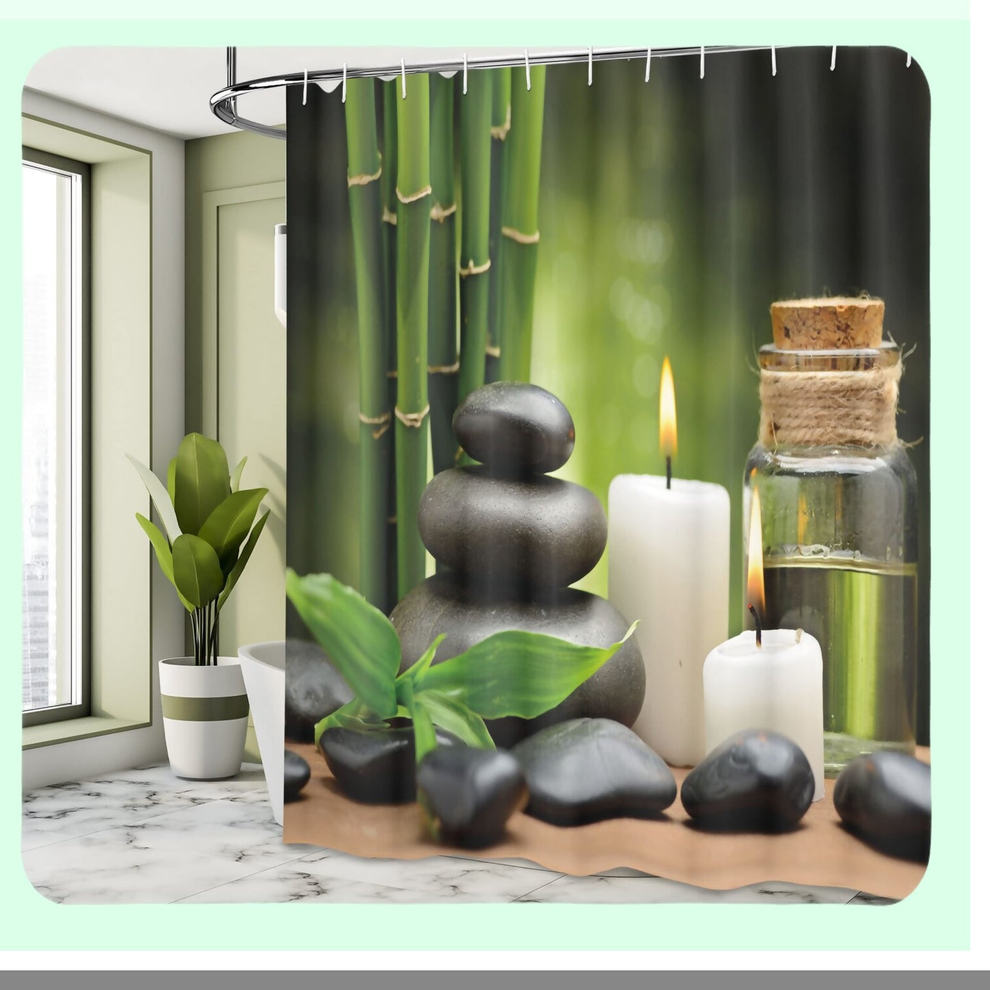 Spa Themed Shower Curtain with Tropical Landscape Print