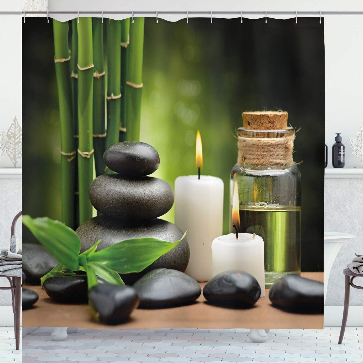 Spa Themed Shower Curtain with Tropical Landscape Print