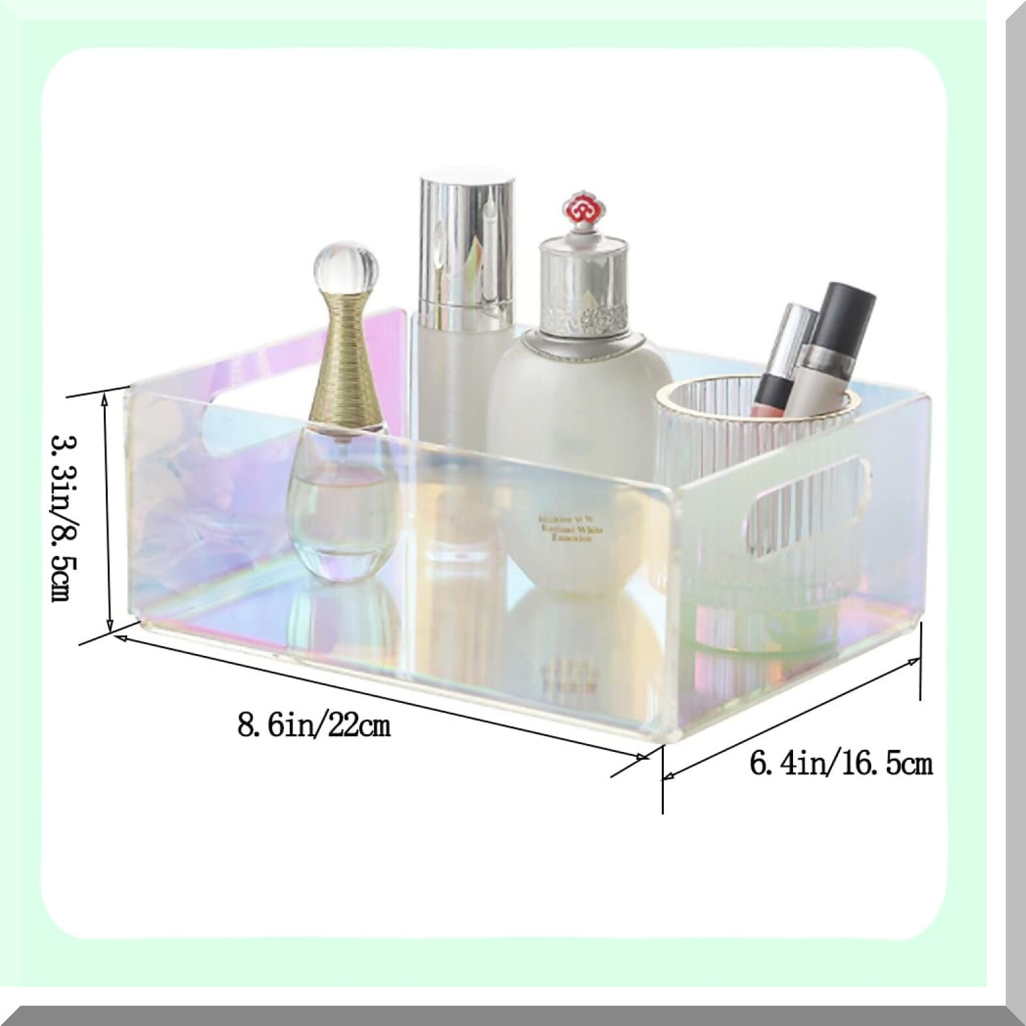 Acrylic Makeup Tray Iridescent Organizer 8.6x6.4x3.3 inch