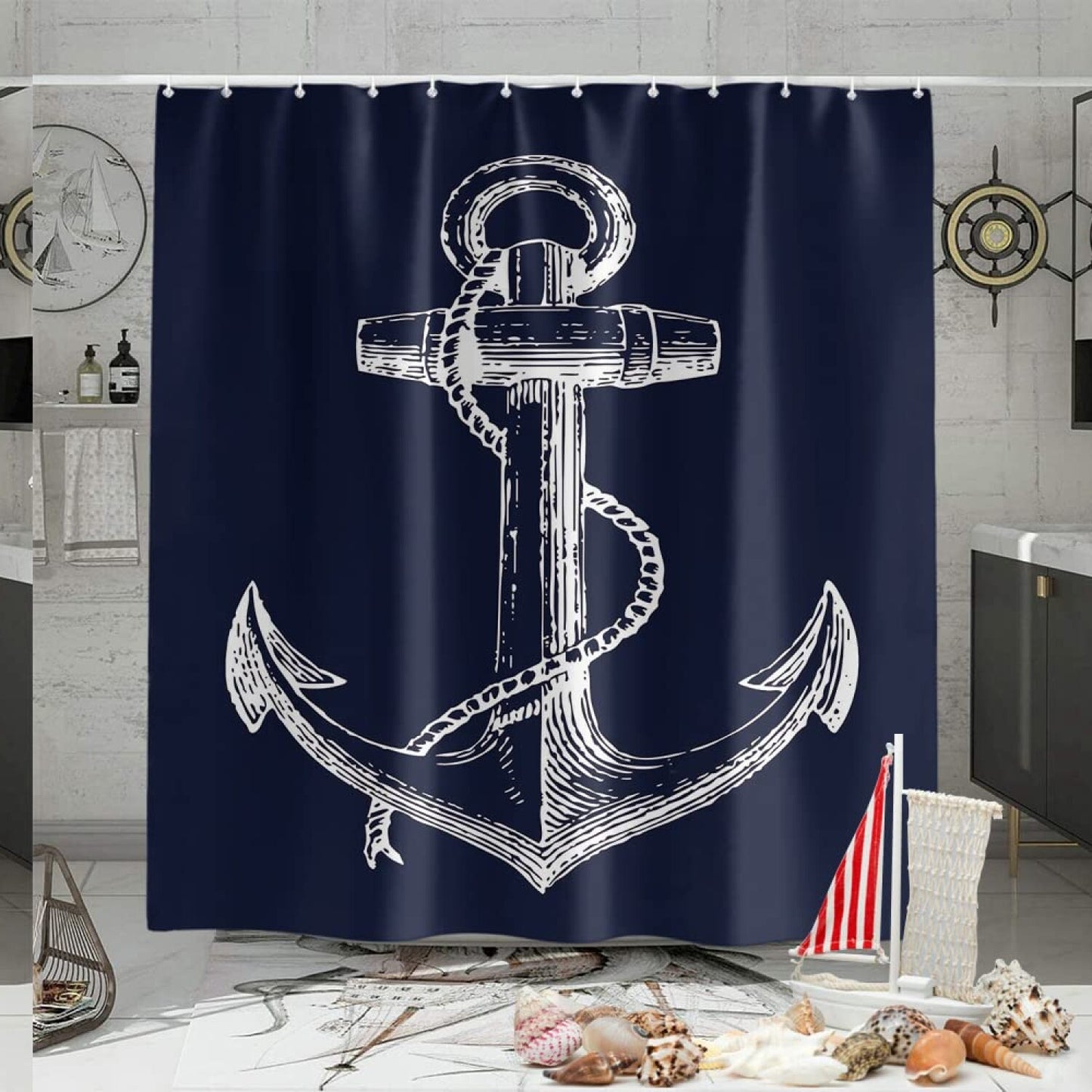 Navy Blue Anchor Shower Curtain 70x72 inch