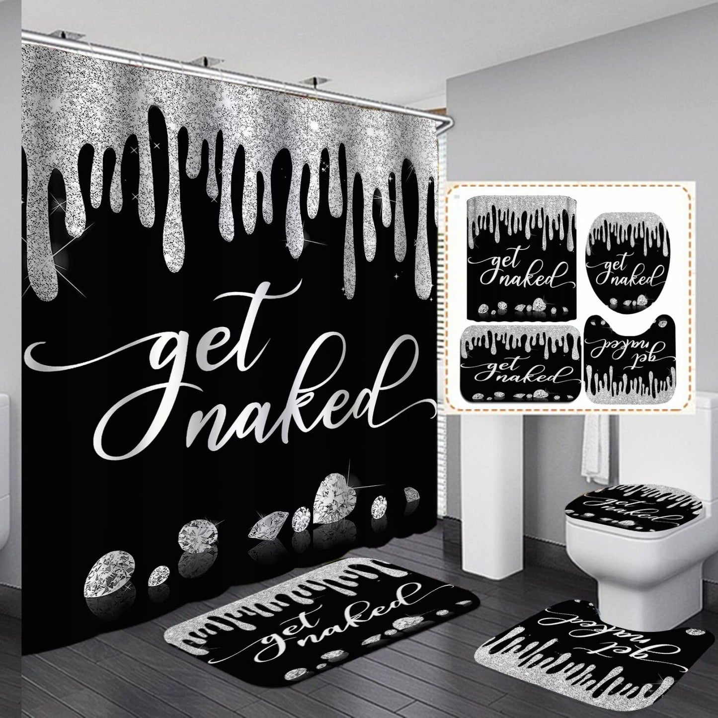 4PCS Shower Curtain Set with Bath Mats Black Waterproof Fabric