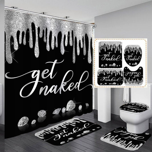 4PCS Shower Curtain Set with Bath Mats Black Waterproof Fabric