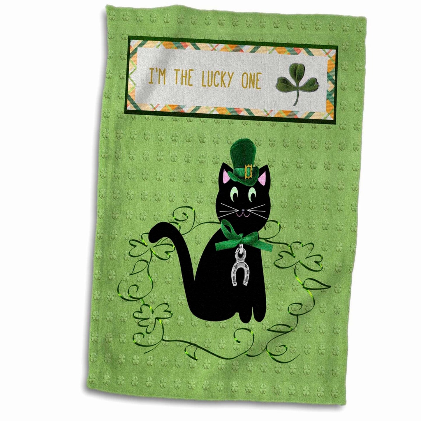 3D Rose Black Cat Green Hat St Patrick's Day Hand Towel 15" x 22"