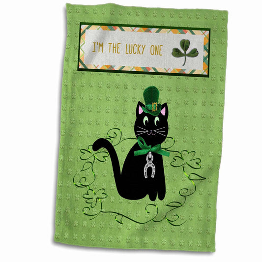3D Rose Black Cat Green Hat St Patrick's Day Hand Towel 15" x 22"