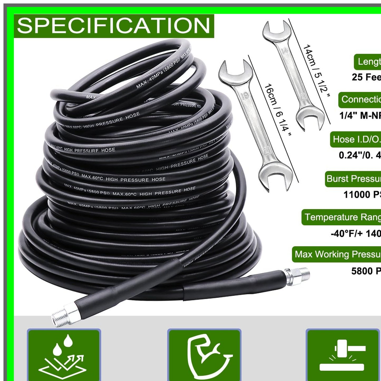 25FT Sewer Jetter Kit for Pressure Washer with Rotating Nozzle and Hose