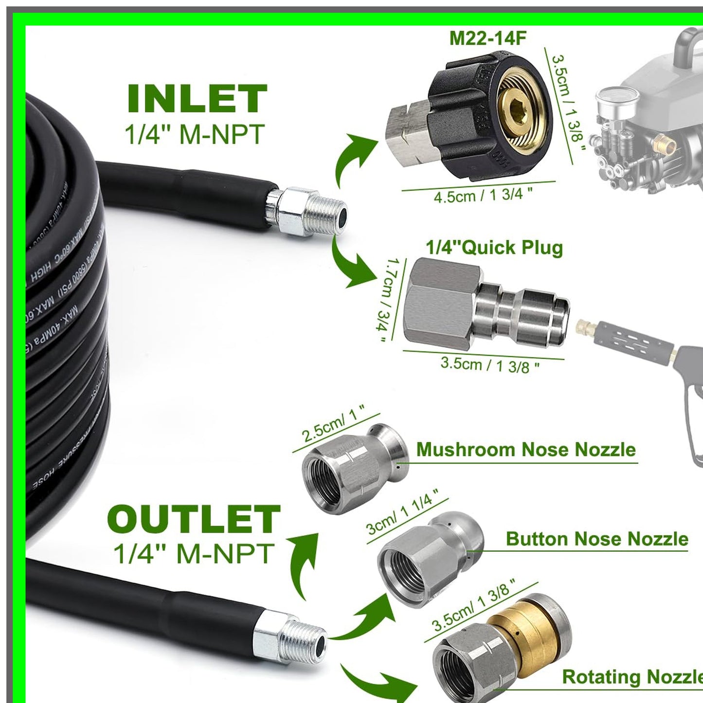 25FT Sewer Jetter Kit for Pressure Washer with Rotating Nozzle and Hose