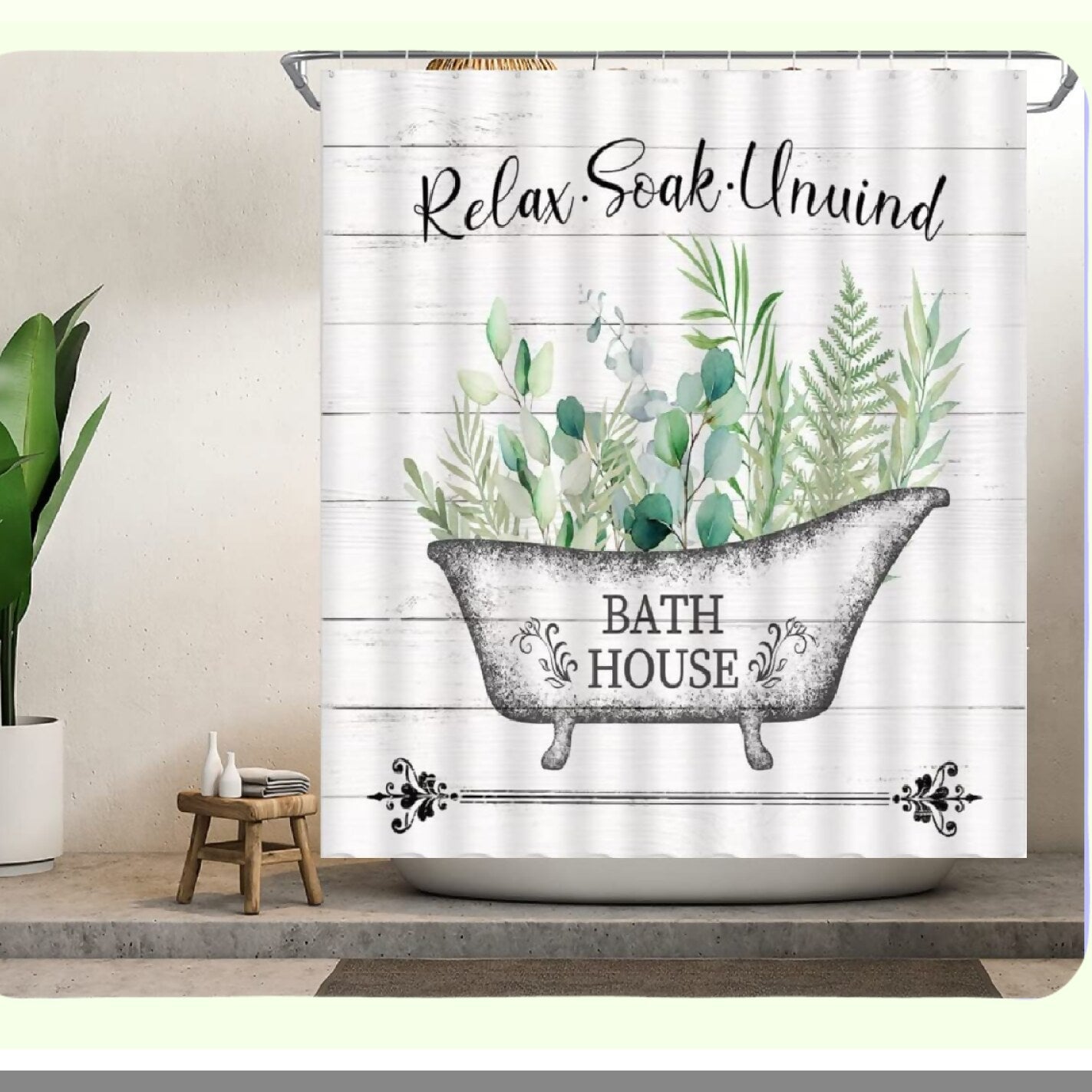 Sage Green Leaves Shower Curtain with Hooks