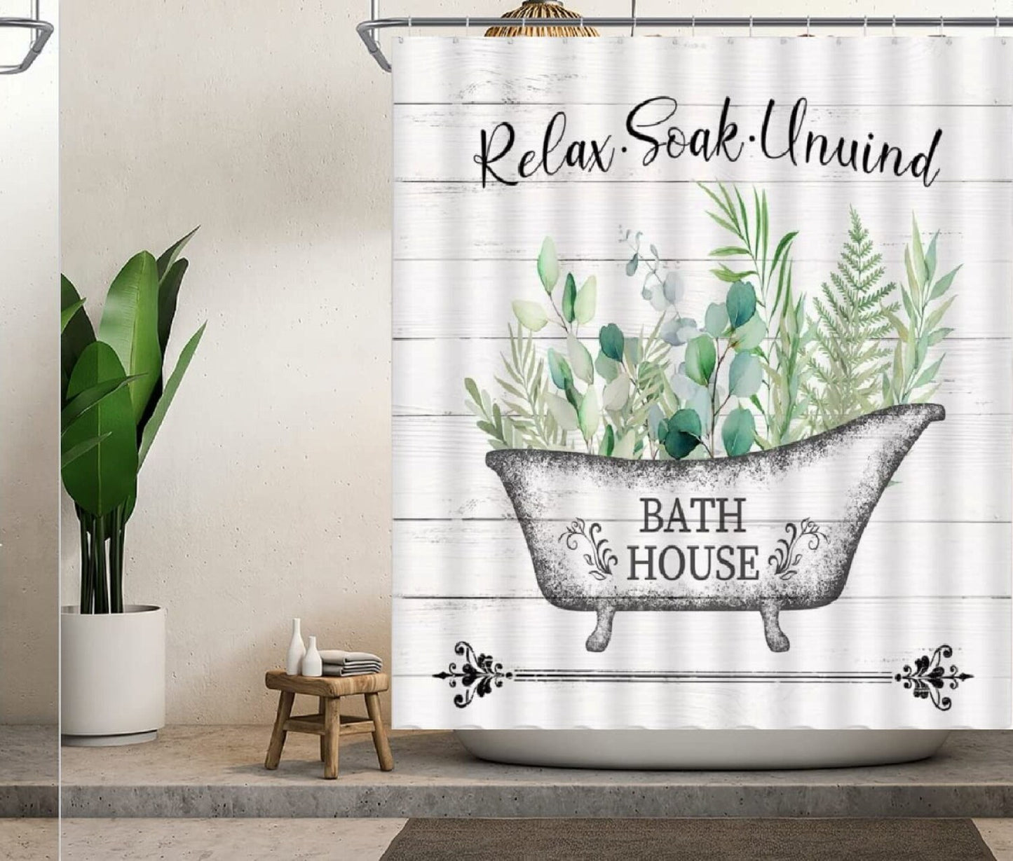 Sage Green Leaves Shower Curtain with Hooks