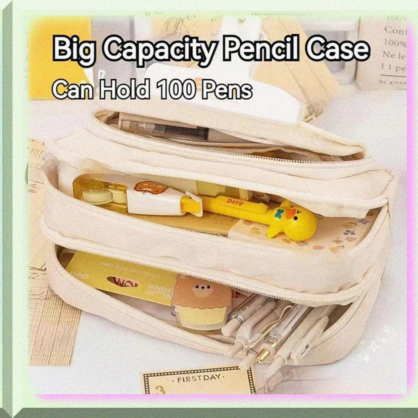 Large Capacity White Pencil Case with 3 Compartments