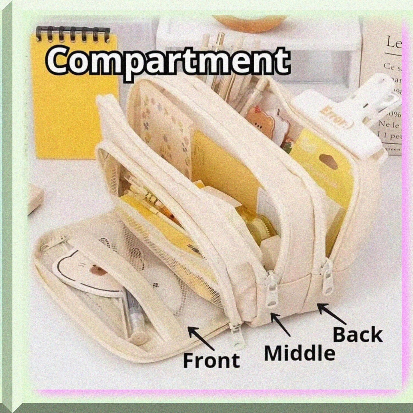 Large Capacity White Pencil Case with 3 Compartments