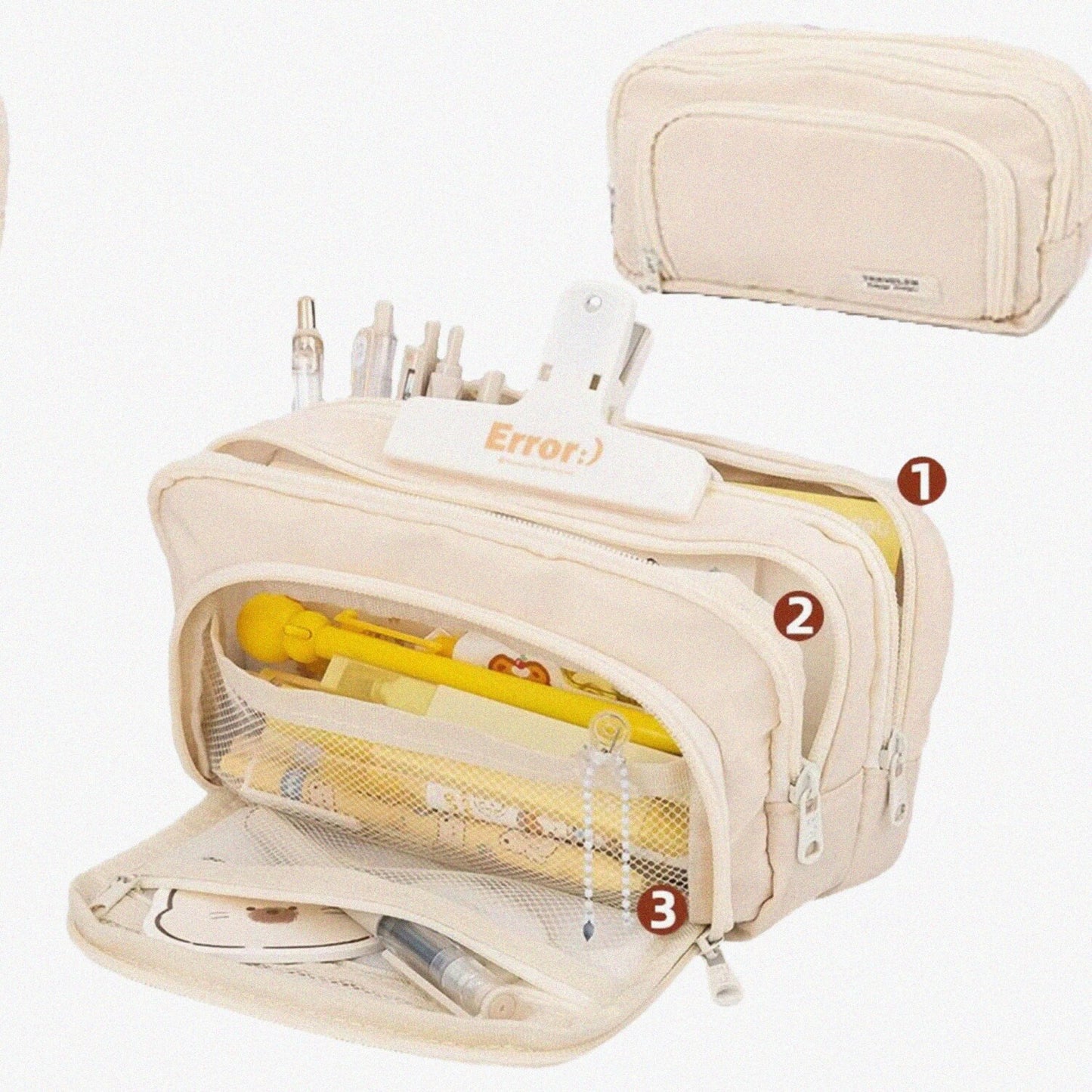 Large Capacity White Pencil Case with 3 Compartments
