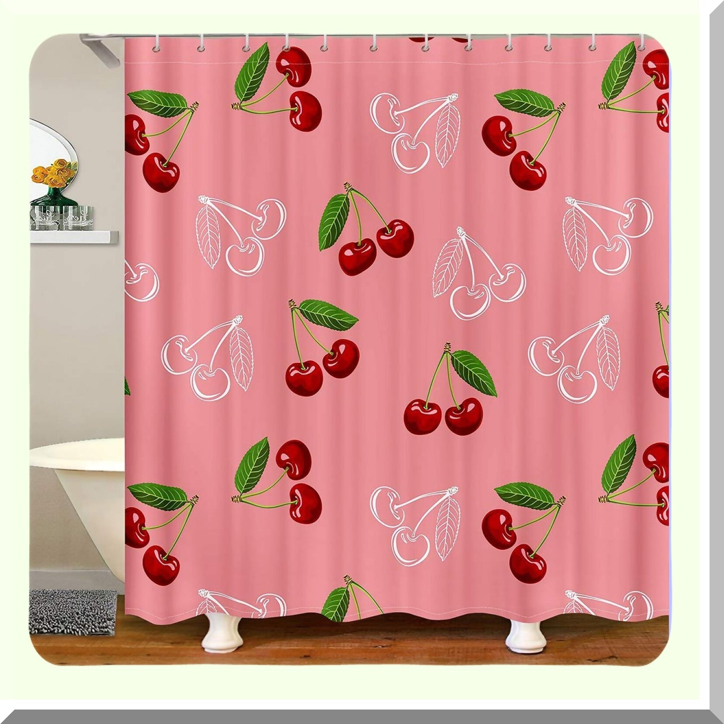 Cherry Bath Curtain 72x84 Inch Red White Fruit Theme