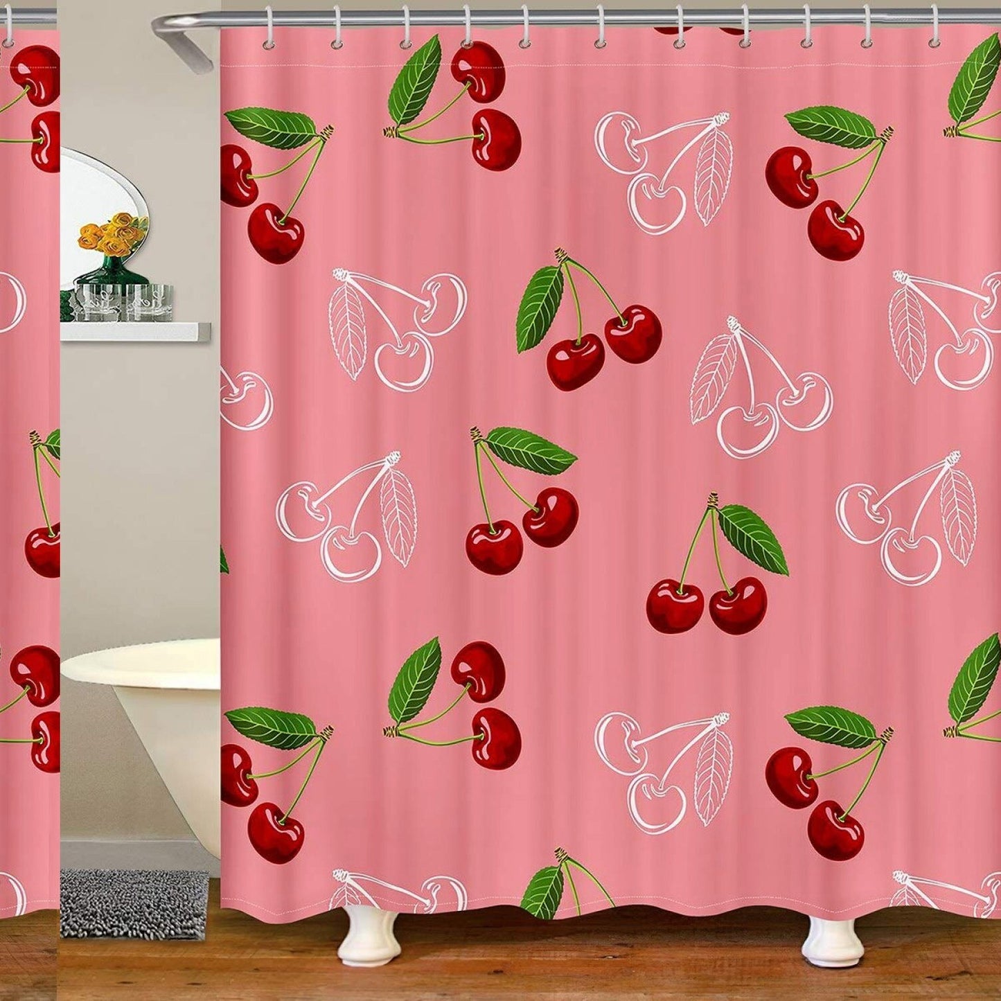 Cherry Bath Curtain 72x84 Inch Red White Fruit Theme