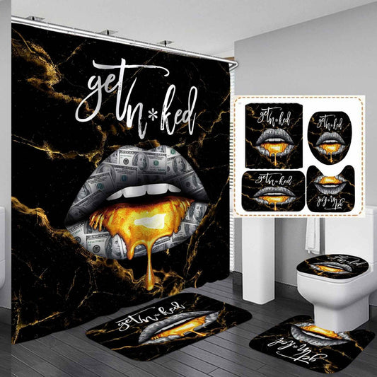 4PCS Gold Black Marble Shower Curtain Set with Bath Mats