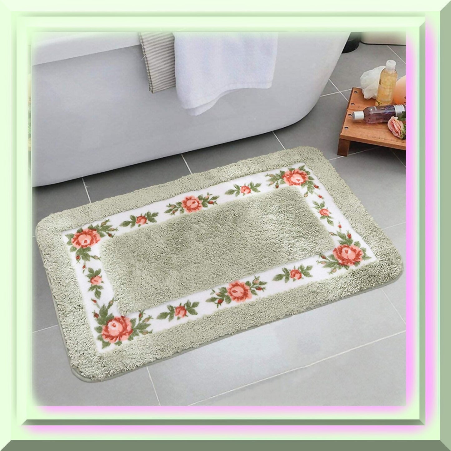 Soft Shag Floral Rose Bathroom Rug 29.5"x17.7" Green