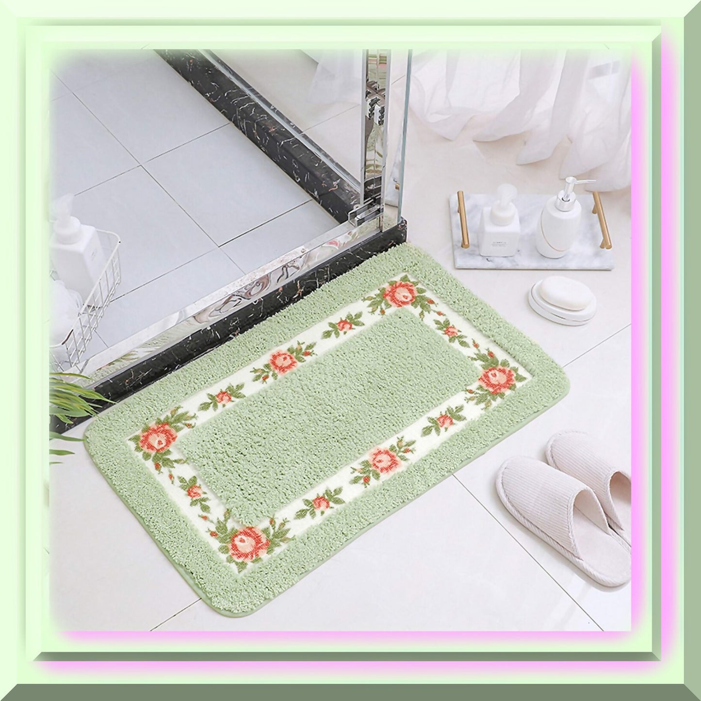 Soft Shag Floral Rose Bathroom Rug 29.5"x17.7" Green