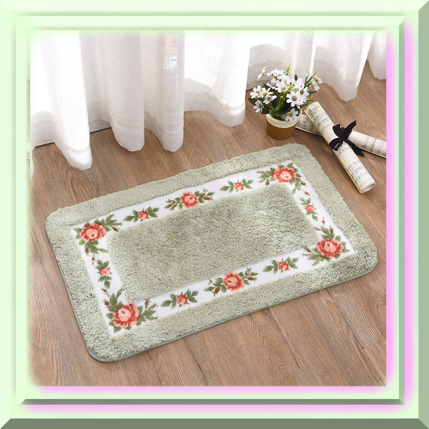 Soft Shag Floral Rose Bathroom Rug 29.5"x17.7" Green