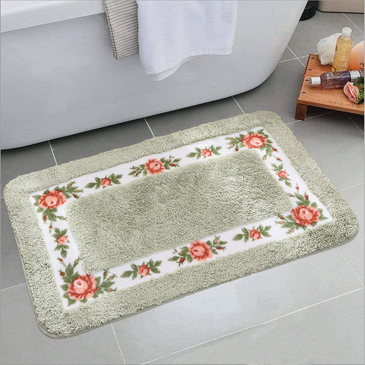 Soft Shag Floral Rose Bathroom Rug 29.5"x17.7" Green