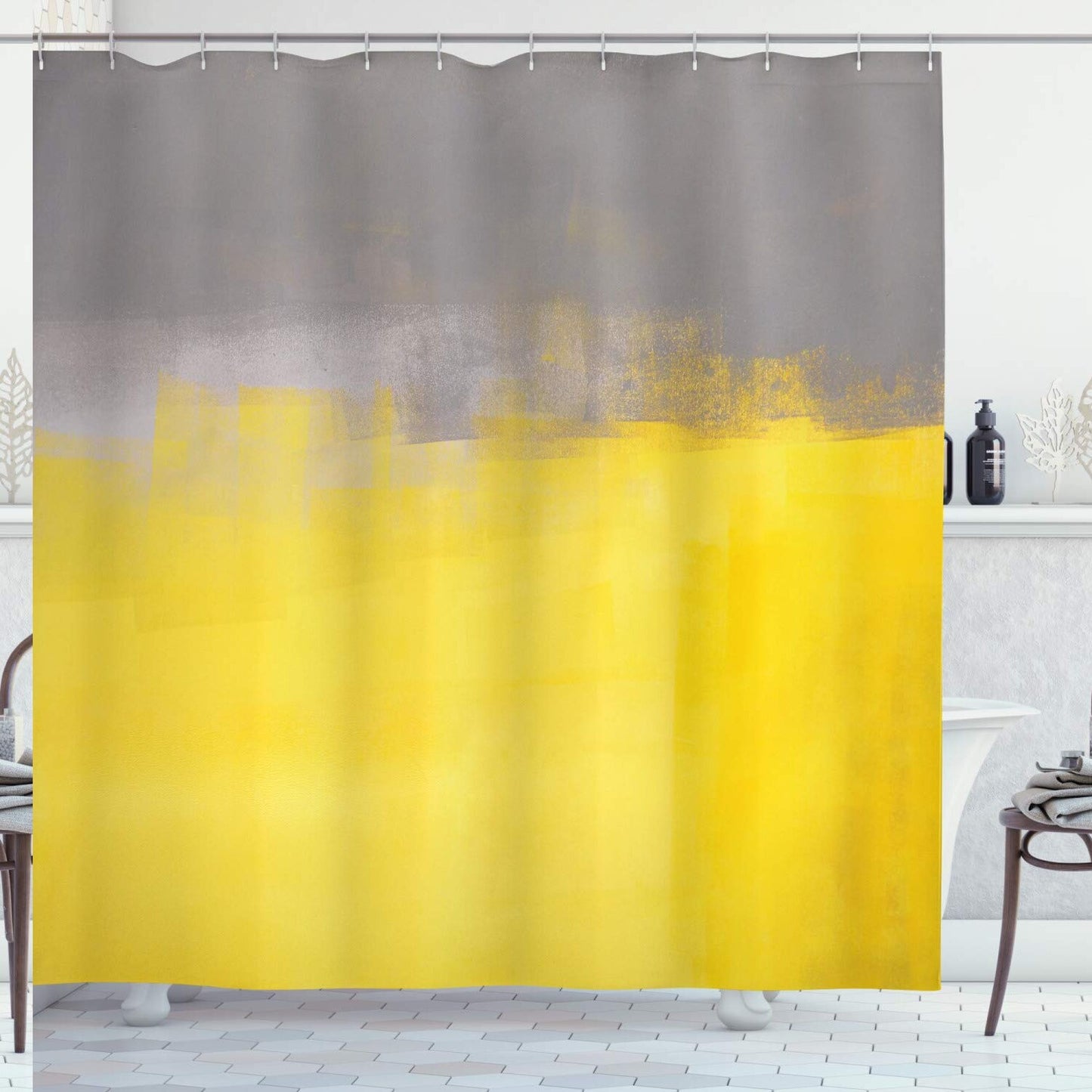 Grey and Yellow Shower Curtain 69" x 70" with 12 Hooks