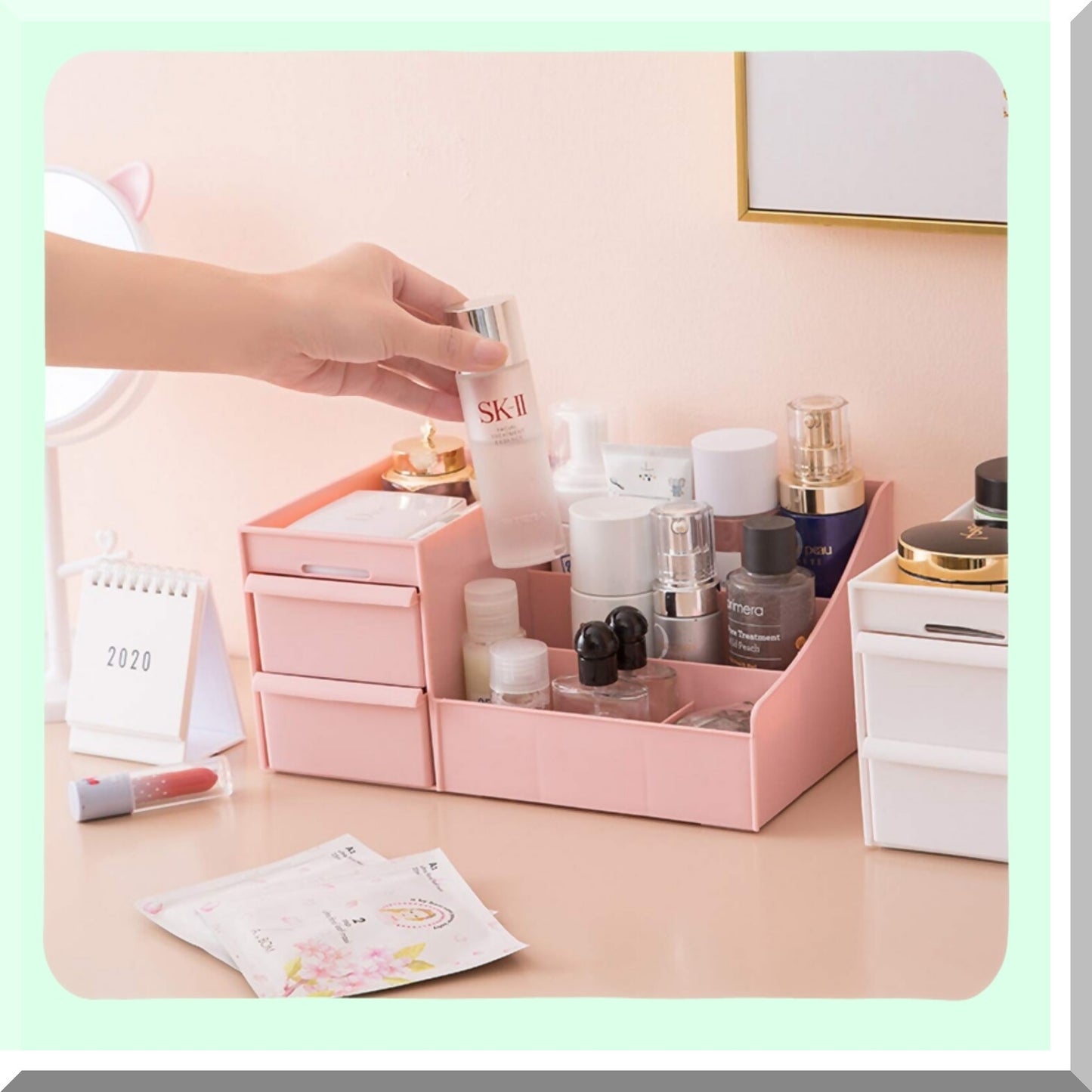Pink Makeup Organizer with Drawers and Compartments