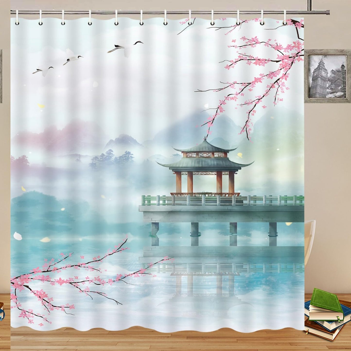 Asian Shower Curtain Pink Flower Pavilion 70x70 Inch