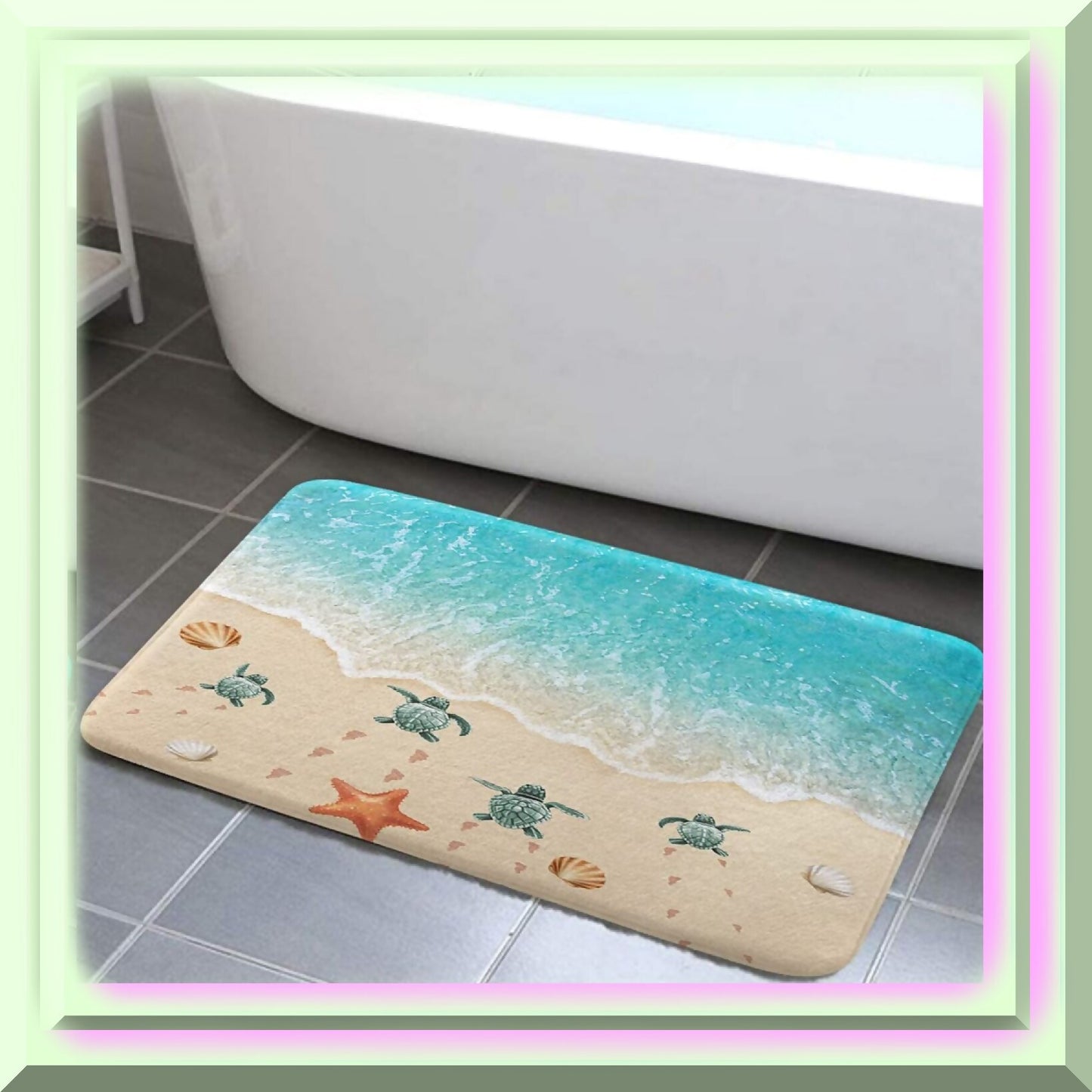 Beach Bath Mat Sea Turtle Starfish Ocean Scene 17 x 29 Inches