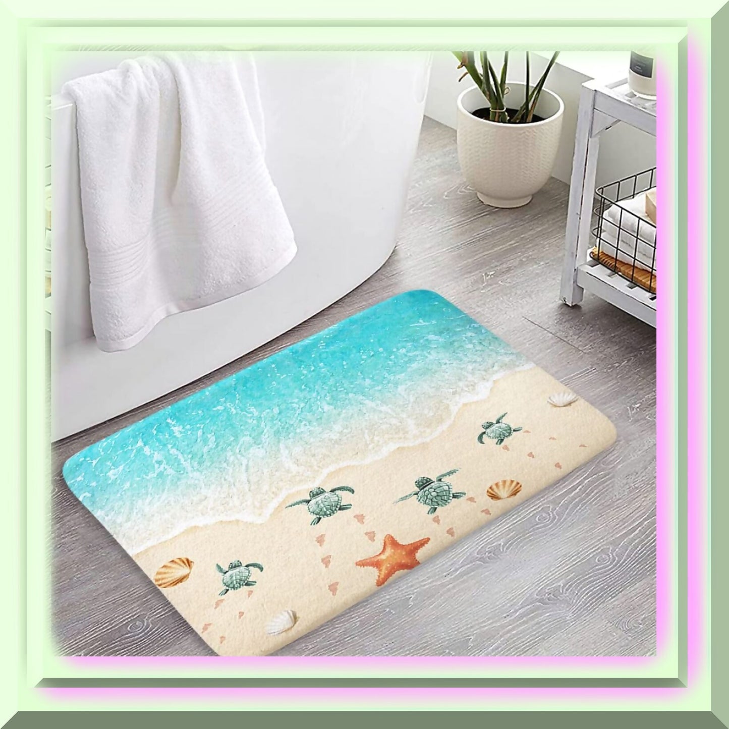 Beach Bath Mat Sea Turtle Starfish Ocean Scene 17 x 29 Inches
