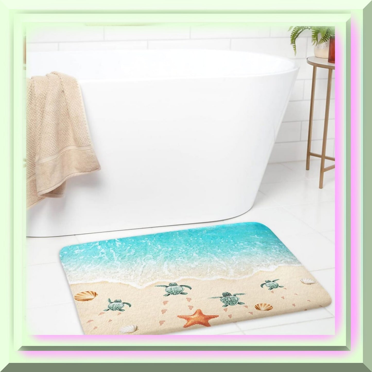 Beach Bath Mat Sea Turtle Starfish Ocean Scene 17 x 29 Inches