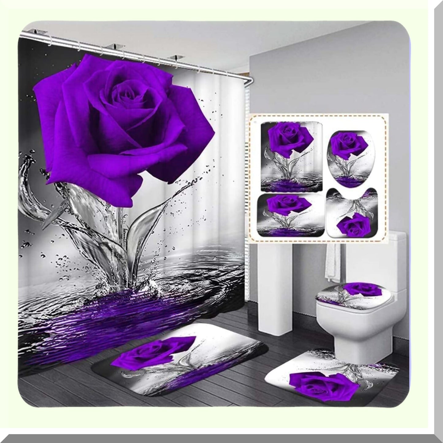 Purple Rose Bathroom Set with Shower Curtain and Rugs
