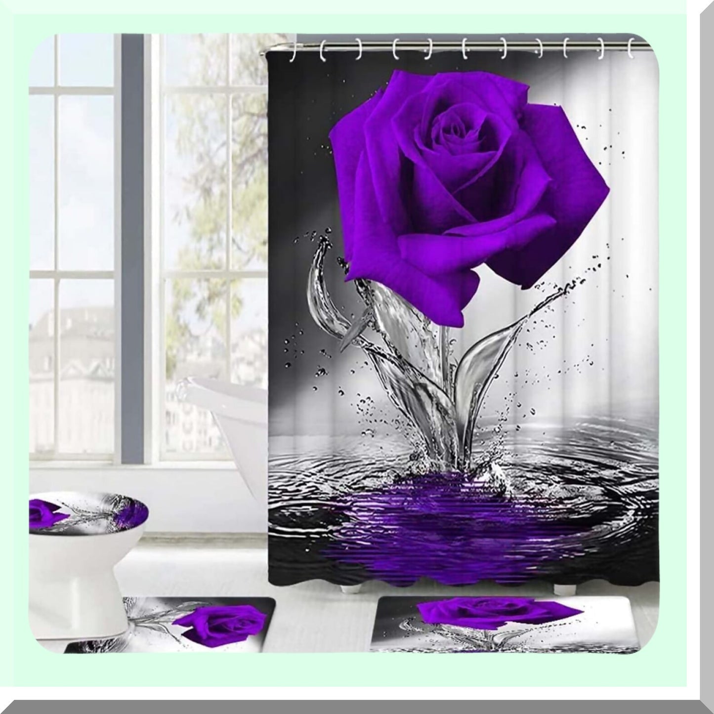 Purple Rose Bathroom Set with Shower Curtain and Rugs