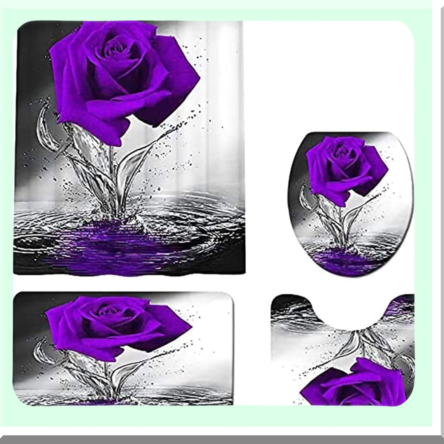 Purple Rose Bathroom Set with Shower Curtain and Rugs