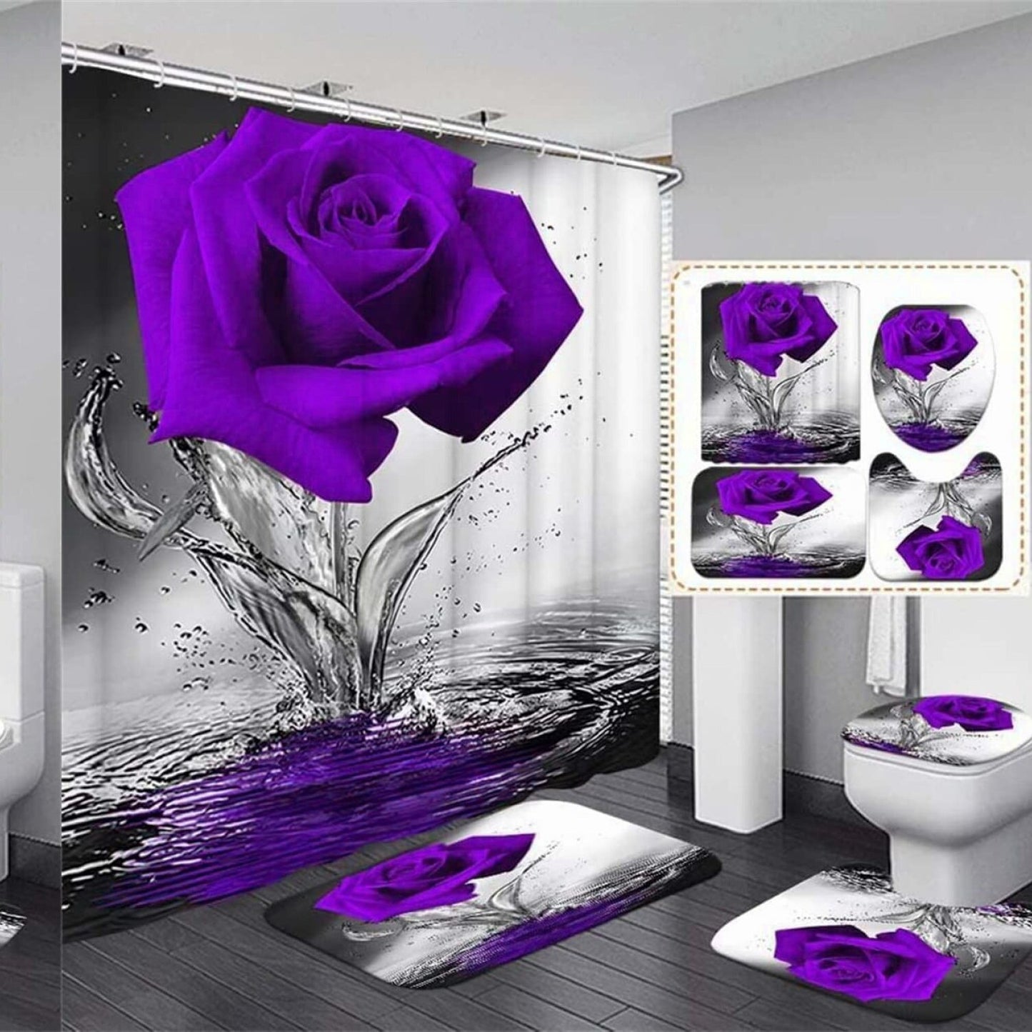 Purple Rose Bathroom Set with Shower Curtain and Rugs