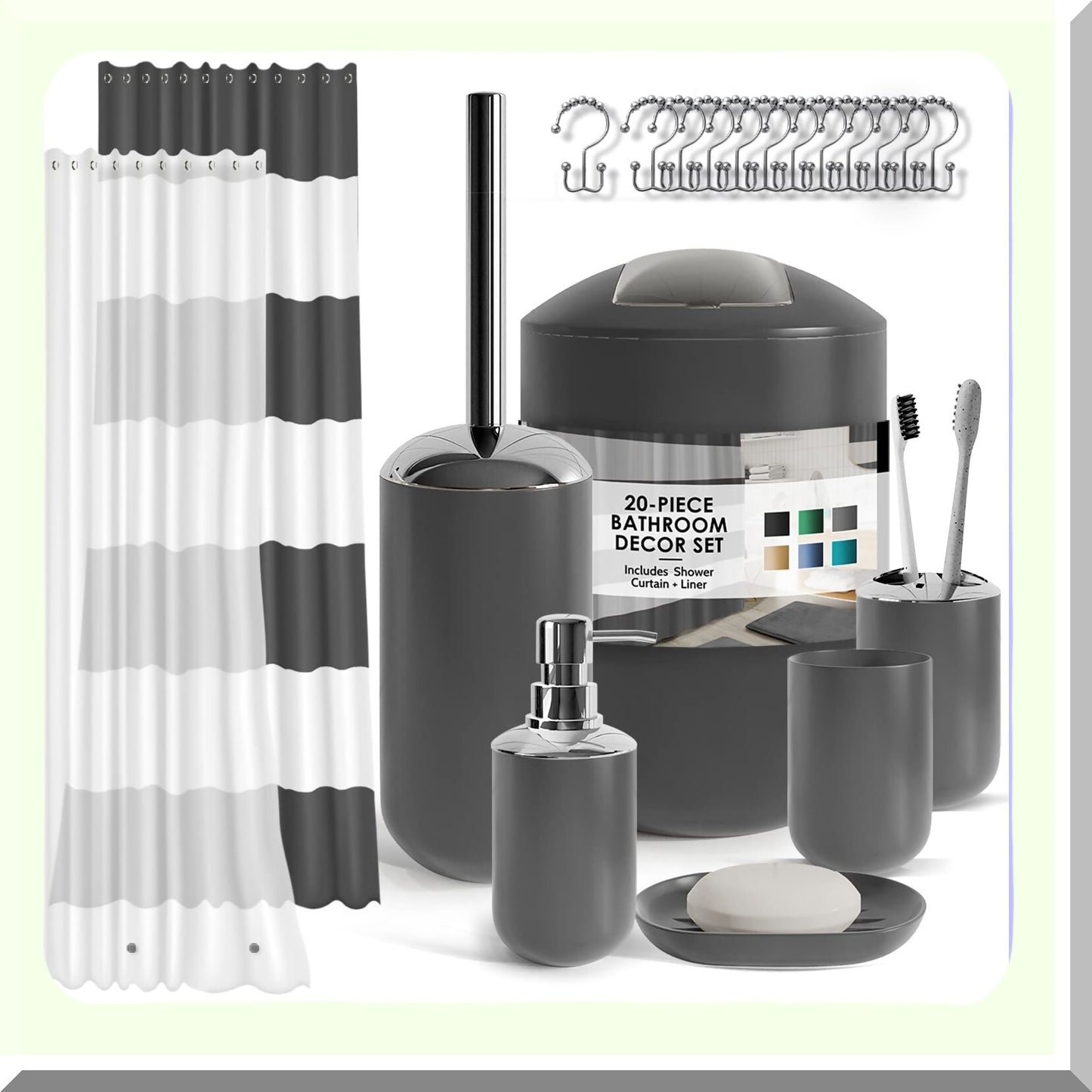 Gray Bathroom Accessories Set 20PC with Shower Curtain