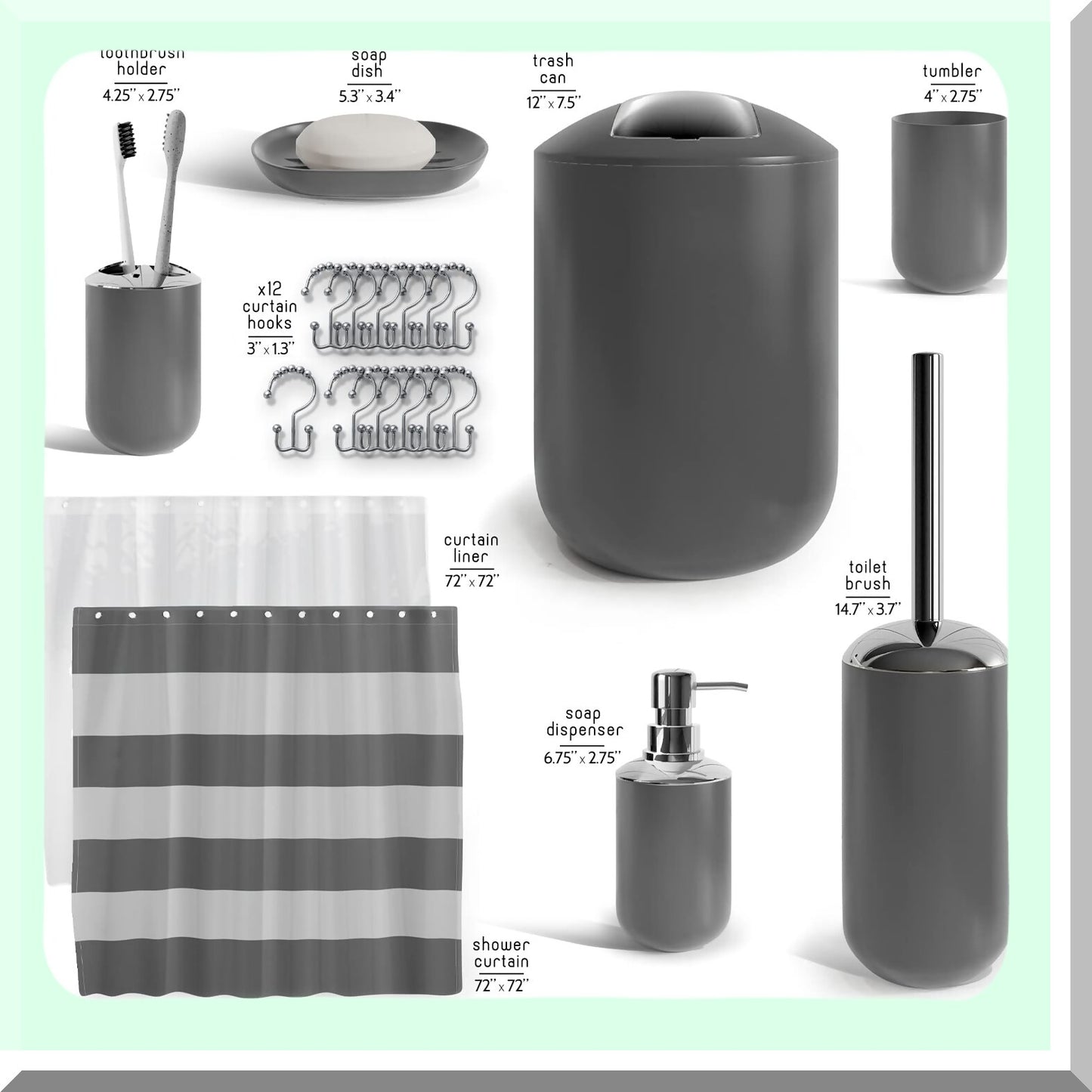 Gray Bathroom Accessories Set 20PC with Shower Curtain