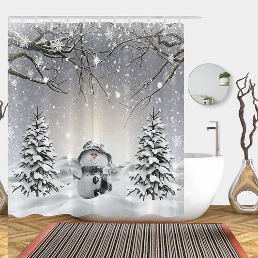Winter Shower Curtain with Xmas Tree Snowman Snowflake Scene