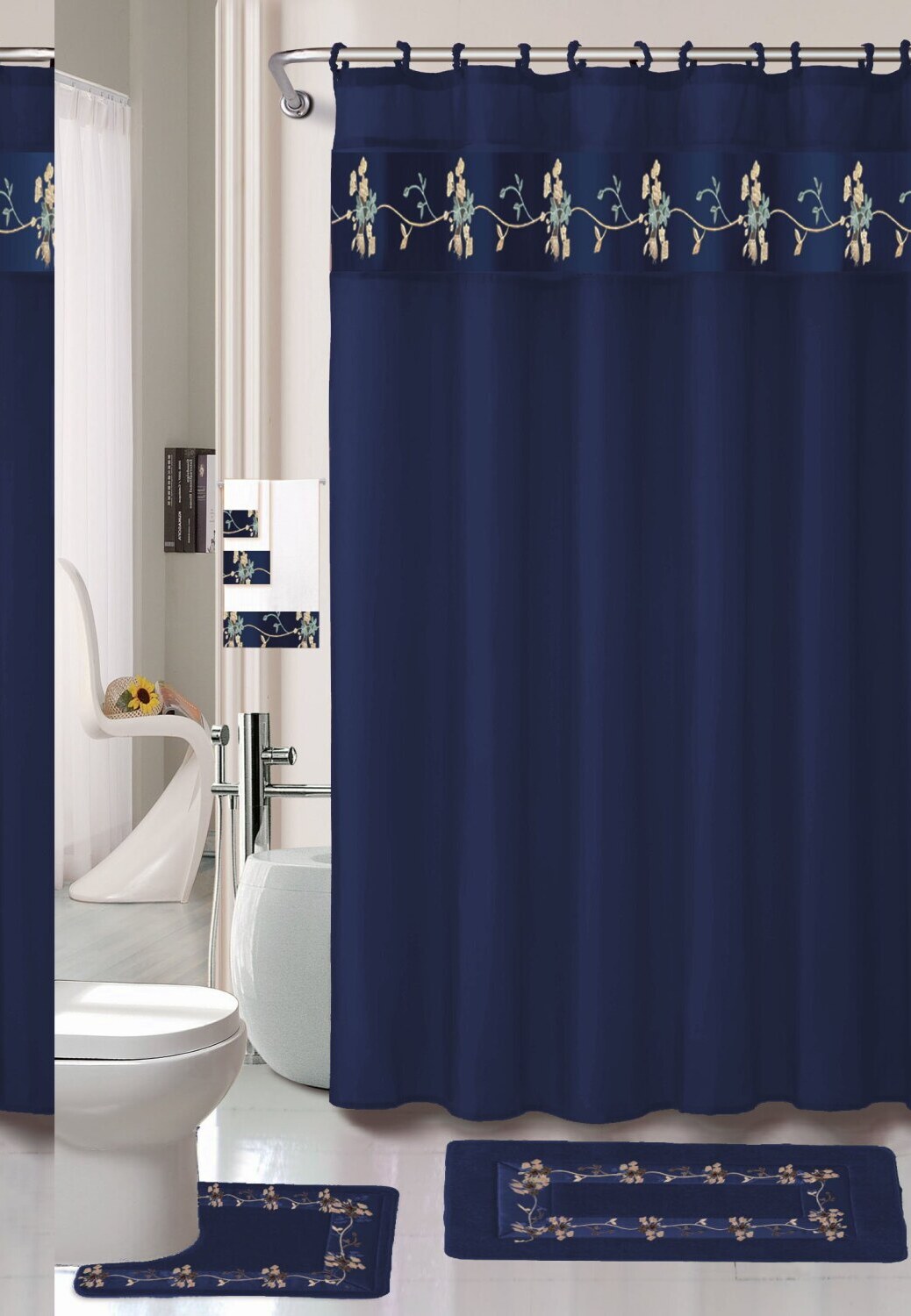 Navy Flower 18-Piece Bathroom Set