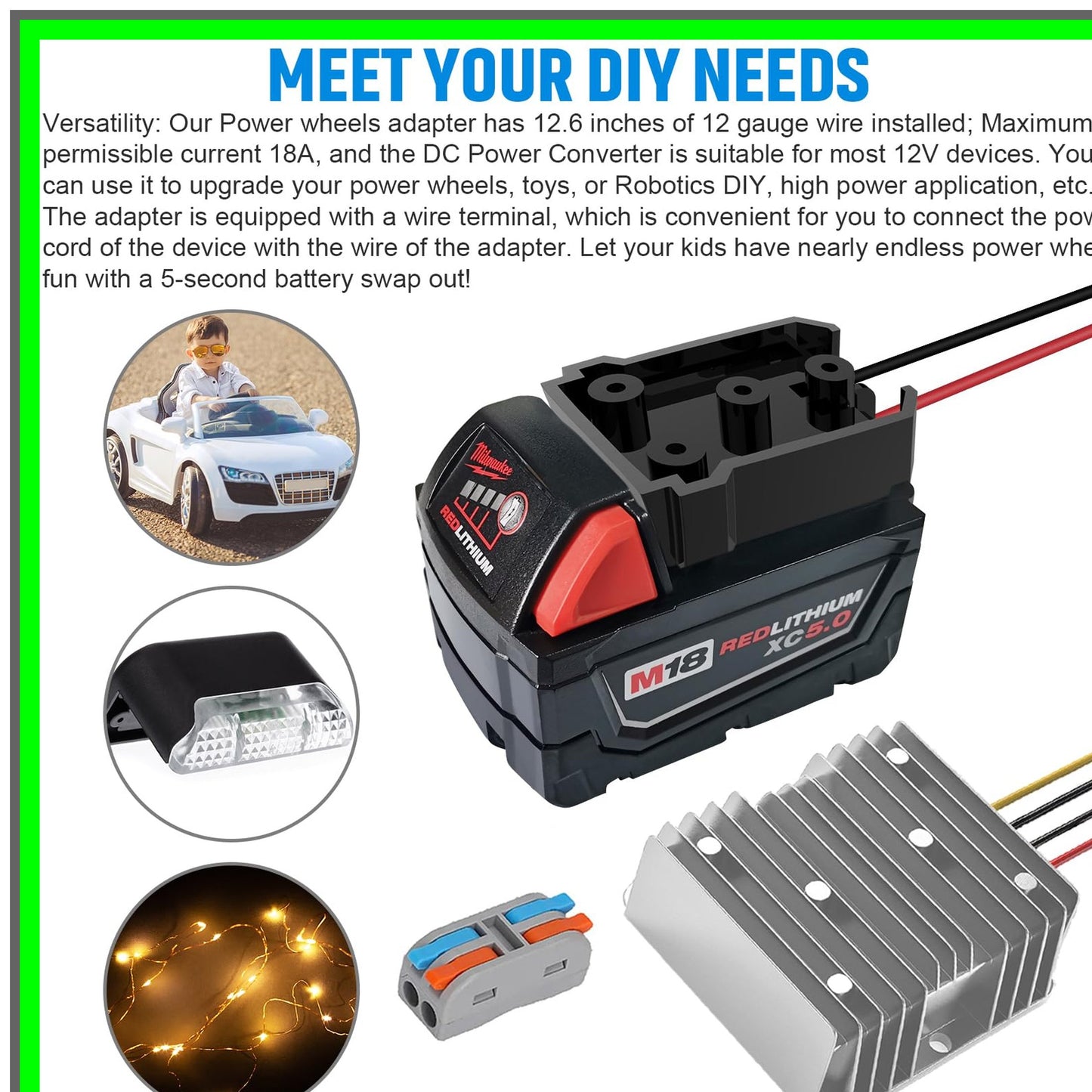 Milwaukee 18V to 12V DC Power Converter with Fuse and Switch for Toys and Lights