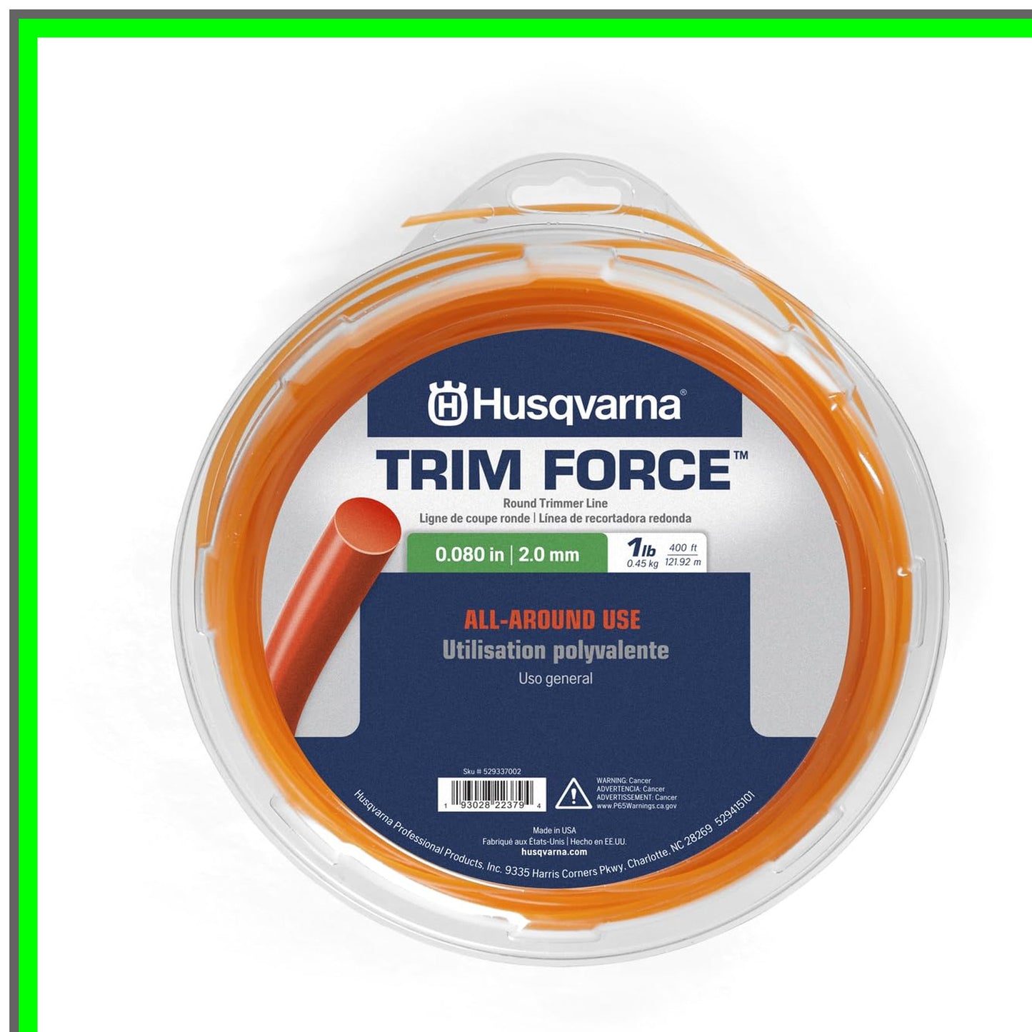 Trim Force Pro Round Trimmer Line 0.080" x 400' - Durable Orange Cutting Solution