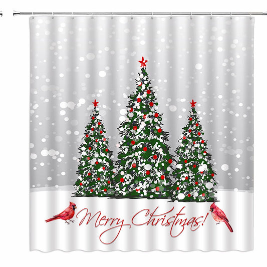 Tree Shower Curtain Xmas Tree Snowflake Red Star Bird Green Gray
