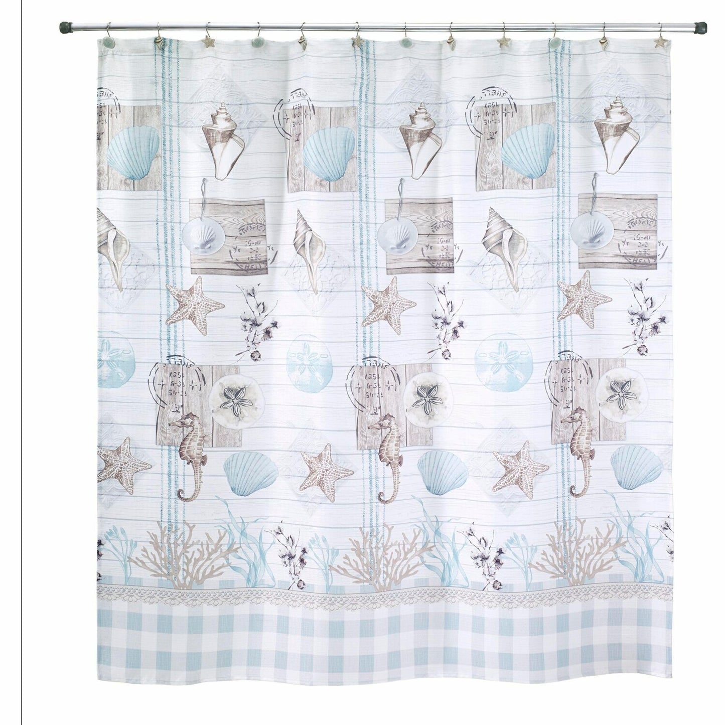 Fabric Shower Curtain with Shells and Buffalo Check