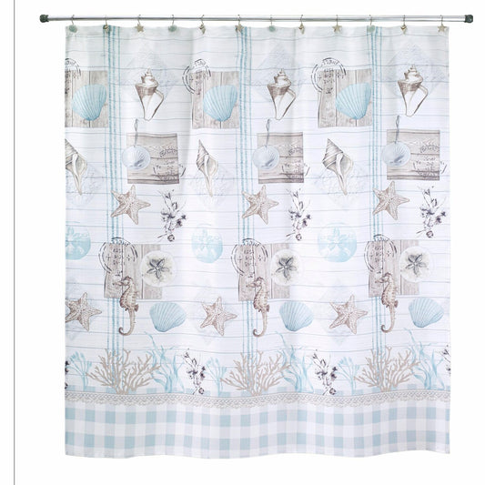 Fabric Shower Curtain with Shells and Buffalo Check