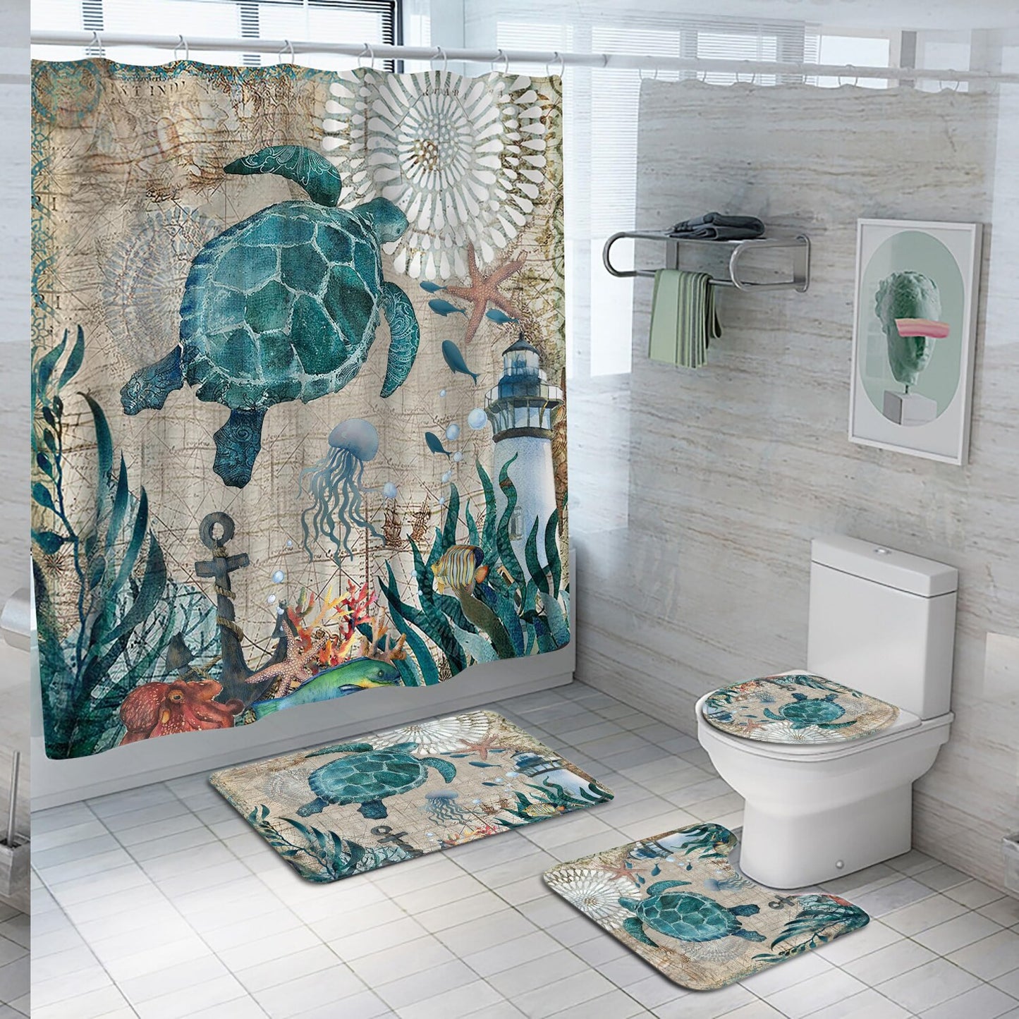Sea Turtle Shower Curtain Set 4Pcs with Hooks