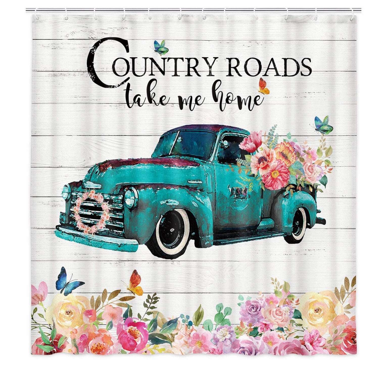 Farmhouse Shower Curtain with Floral Butterflies and 12 Hooks