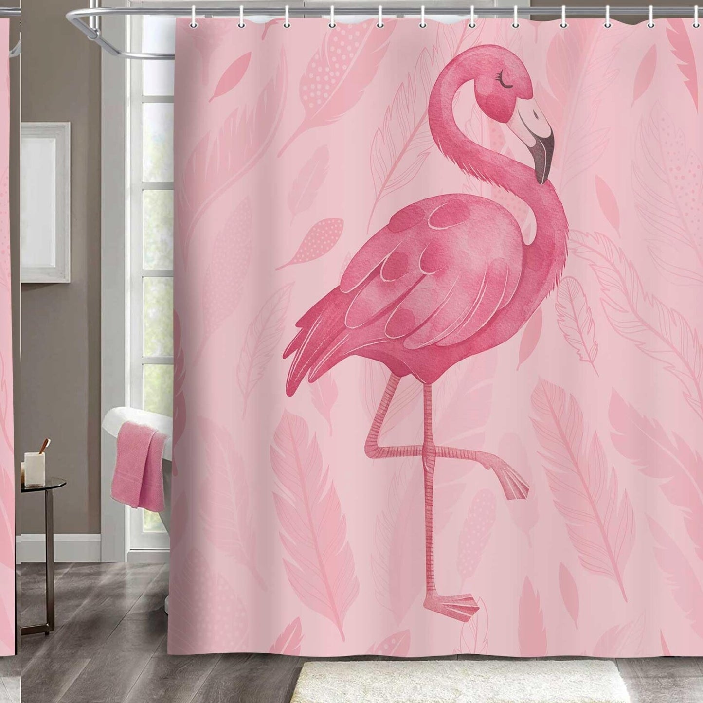Pink Shower Curtain with Flamingo Design 71x71 Inches