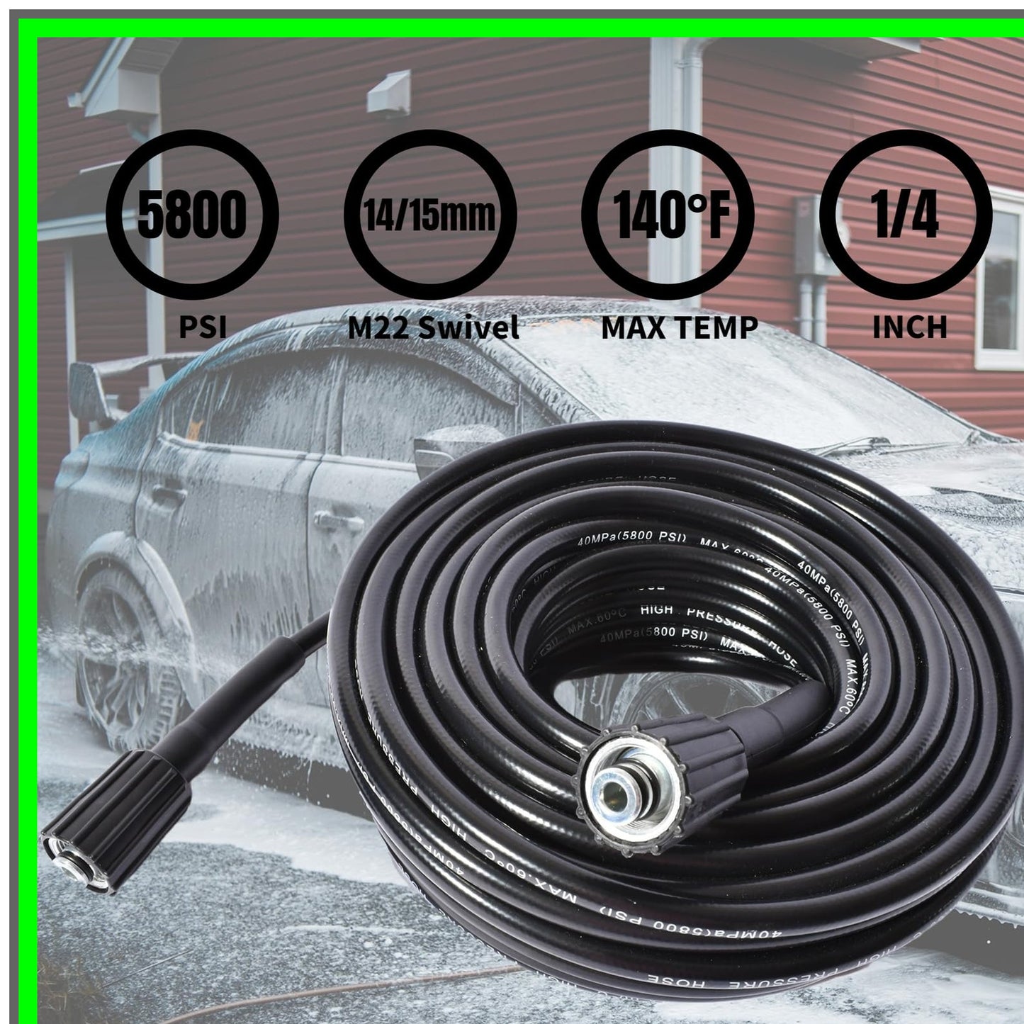 25FT Kink Resistant High Pressure Washer Extension Hose for 5800PSI Power Washers