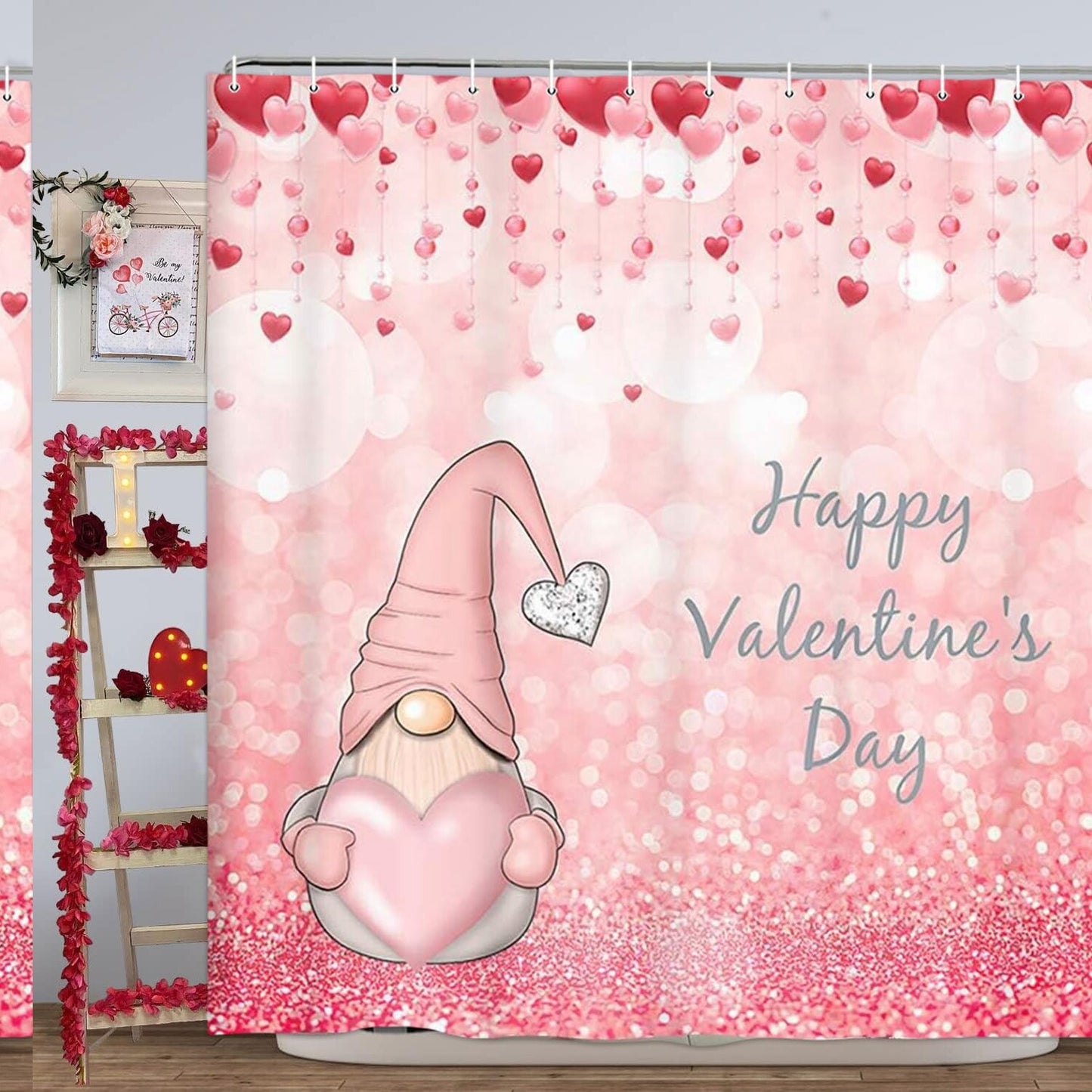 Pink Heart Shower Curtain 70x70in with Gnome and Red Hearts