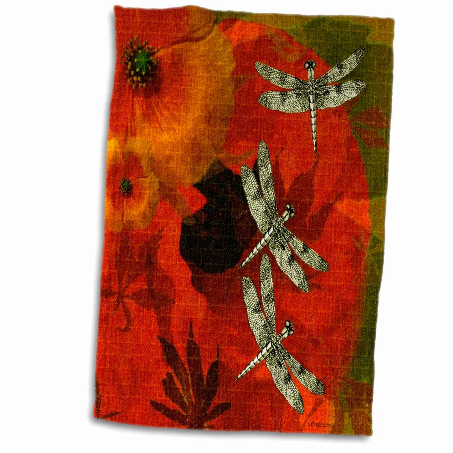 3D Rose Poppies and Dragonflies Hand Towel 15" x 22"